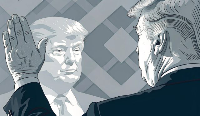 ABD Başkanı Donald Trump'tan af talebinde bulunuyor. Arka planda Binance logosu ve bir mahkeme salonu atmosferi.